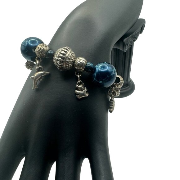 Handcrafted Silver & Blue Charm Bracelet With Beads - Picture 4 of 6